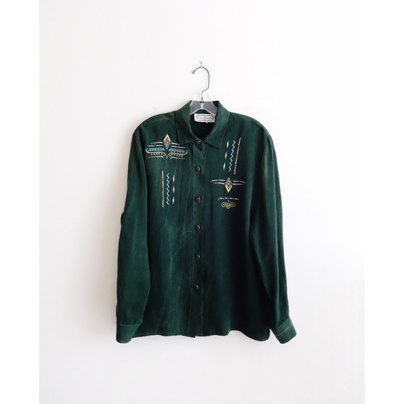 Vintage 80s Dark Green Embroidered LS Top fit L XL - Picture 1 of 3